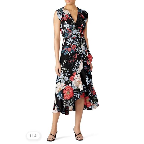 YUMI KIM Santorini Midi Wrap Dress Rain Forest Black Silk Floral Small Wedding - Picture 2 of 15